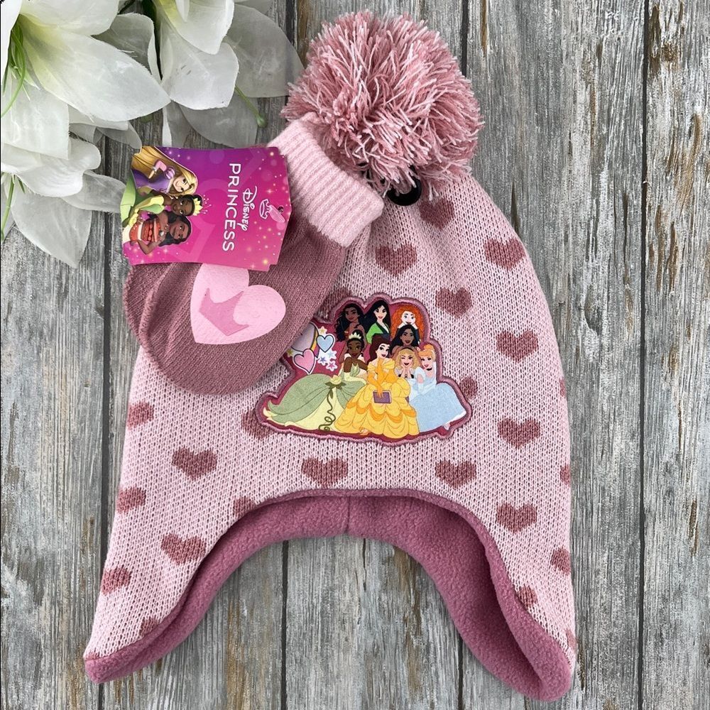 Baby Toddler Disney Princess Pink Beanie and Mittens Set